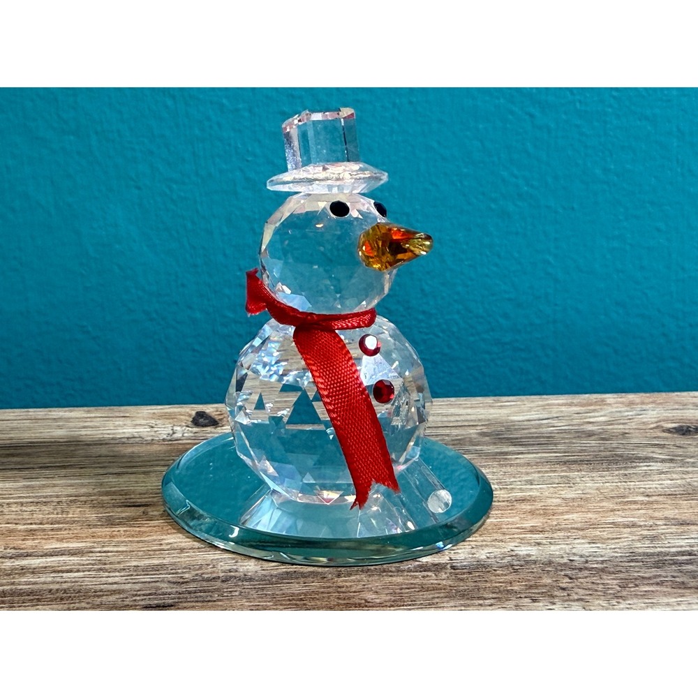 Crystal Snowman Figurine Hat Scarf Mirrored Base w Glass Cane Holiday Christmas